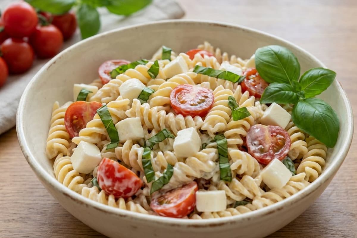 Cremiger Nudelsalat mit Mozzarella & Basilikum