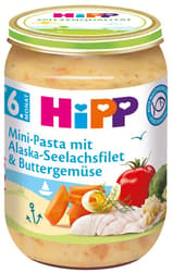 HiPP BIO Mini-Pasta mit Alaska-Seelachsfilet und Buttergemüse, ab dem 6. Monat