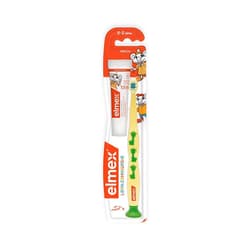elmex® Lernzahnbürste (gelb, blau od. lila) 0-2 Jahre + 12ml Zahnpasta