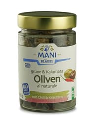 MANI Bläuel BIO Grüne & Kalamata Oliven al naturale, Chili & Kräutern