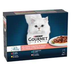 GOURMET Perle Erlesene Streifen Huhn, Rind, Kaninchen und Lachs (8x85g)