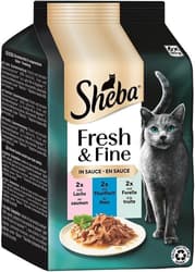 SHEBA® Fresh & Fine Multipack portion pouches Salmon, tuna & trout in sauce MSC