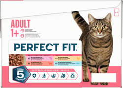 Perfect Fit™ Katze Multipack Portionsbeutel 4 Varietäten Huhn & Gemüse, Rind & Karotten, Lachs & Karotten, Meeresfisch & Gemüse in Sauce 12x85g