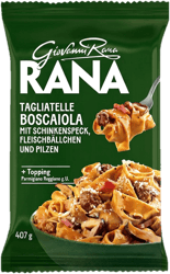 Rana Tagliatelle Boscaiola mit Schinkenspeck, Fleischbällchen und Pilzen