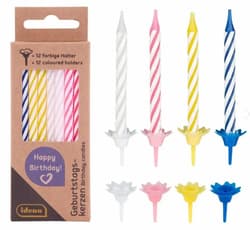 Idena birthday candles, 24 pieces with 12 holders