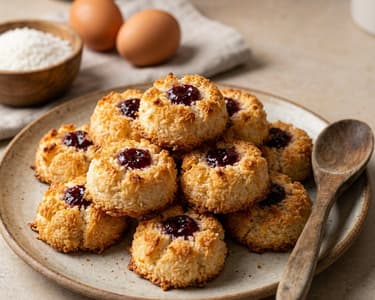 Klassische Kokosbusserl mit Ribiselmarmelade