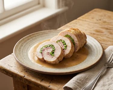 Gefüllte Hendlroulade mit Schinken und Erbsen