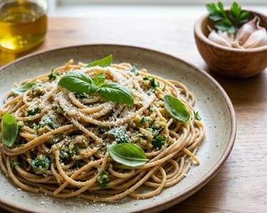 Vollkornspaghetti mit geröstetem Knoblauch-Pesto