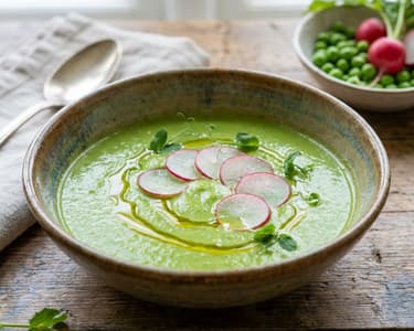 Grüne Erbsencremesuppe mit Radieschen