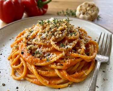Spaghetti mit cremiger Röstpaprika-Sauce & Kräuter-Bröseln
