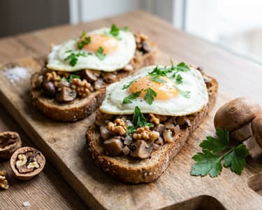 Bruschetta mit Champignons und Spiegelei