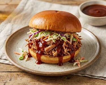 Pulled Pork Burger mit BBQ-Sauce und Coleslaw