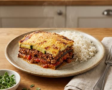 Melanzani-Zucchini-Moussaka mit Reis