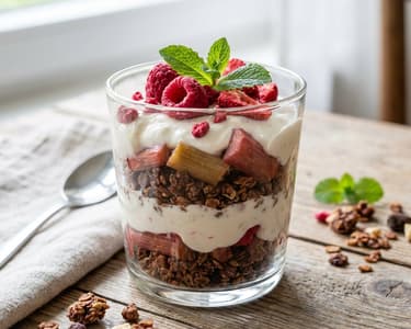 Hausgemachtes Granola mit geröstetem Rhabarber