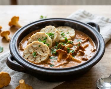 Cremiges Eierschwammerlgulasch | Mit Serviettenknödel