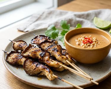 Asian Oyster Mushroom Skewers with Peanut Sauce