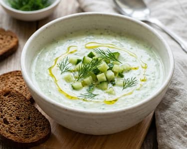 Erfrischende kalte Gurkensuppe mit Topfen & knusprigen Schwarzbrot-Crostini