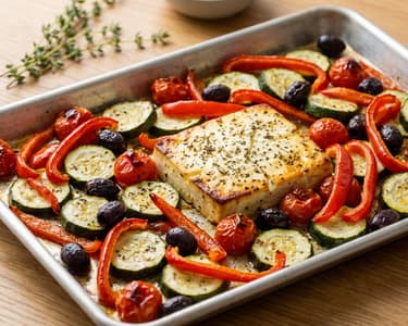 Summer Sheet Pan Vegetables with Baked Feta & Olives
