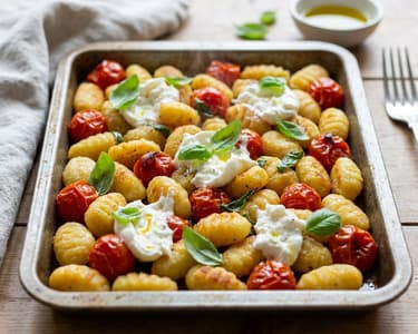 Knusprige Ofen-Gnocchi mit Burrata & Kirschtomaten | Schnelle Sommerküche