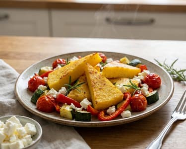 Knusprige Polenta-Schnitten mit Ofengemüse & Feta