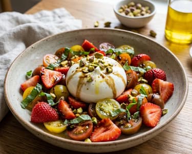 Sommerliches Erdbeer-Paradeiser-Caprese | Mit Burrata