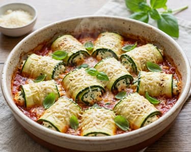 Sommerliche Zucchini-Röllchen mit Ricotta & Paradeisersauce | Aus dem Backrohr