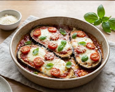 Knusprige Melanzani-Pizzettas mit Mozzarella | Aus dem Backrohr