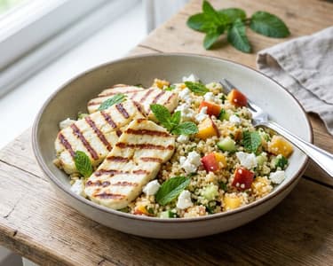 Gegrillter Halloumi auf Pfirsich-Couscous-Salat | Sommerlich & Frisch