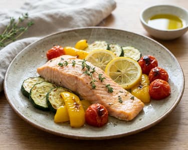 Zitronen-Lachs auf buntem Sommergemüse | Aus dem Backrohr