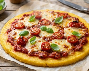 Knusprige Polenta-Pizza mit Paradeisern | Aus dem Backrohr