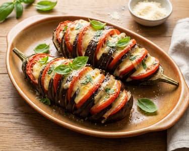 Knusprige Melanzani-Fächer mit Mozzarella | Aus dem Backrohr