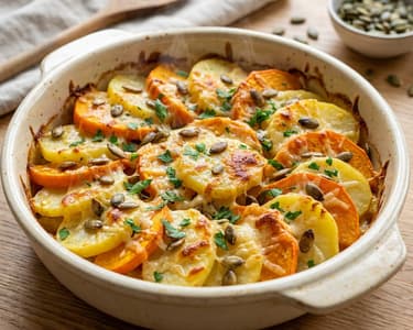 Steirischer Erdäpfel-Kürbis-Auflauf | Knusprig mit Bergkäse