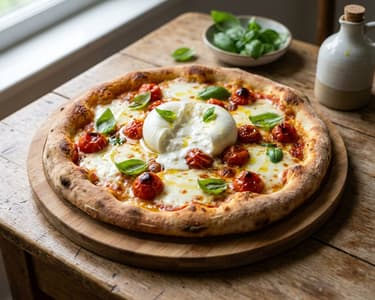 Knusprige Pizza mit Burrata & Paradeisern | Sommer-Genuss