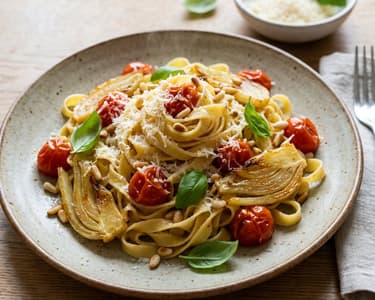 Tagliatelle mit karamellisiertem Fenchel & Paradeisern | Feiner Sommergenuss