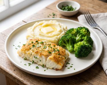 Fisch mit Kartoffelpüree und Brokkoli