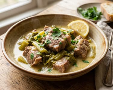 Griechisches Hirino me Selino (Geschmortes Schweinefleisch mit Sellerie & Avgolemono)