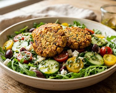 Mediterraner Salat mit knusprigen Kichererbsenlaibchen | Aus dem Backrohr