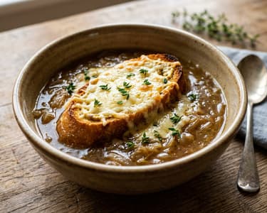 Französische Zwiebel-Biersuppe | Mit Senf-Croûtons