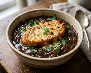 Französische Winzer-Zwiebelsuppe mit Rotwein