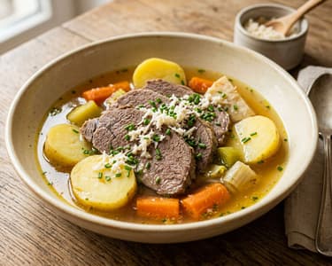 Traditional Viennese Boiled Beef (Tellerfleisch) in Root Vegetable Broth | Tender Boiled Beef with Potatoes