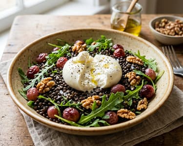 Beluga Lentil Salad with Burrata | With Oven-Roasted Grapes