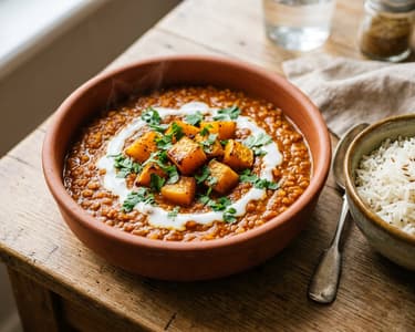 Indian Pumpkin and Lentil Curry with Oven-Roasted Hokkaido Pumpkin