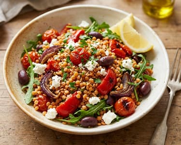 Mediterranean Red Lentil Salad | With Colorful Oven-Roasted Vegetables