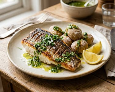 Pan-Fried Sea Bass with Canarian Mojo Verde | Papas Arrugadas