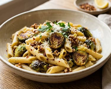 Pasta mit gerösteten Kohlsprossen | Fein & Nussig