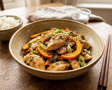 Herbstliches Kürbis-Wok-Hendl mit Sesam & Ingwer