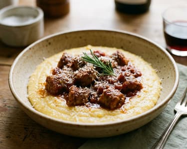 Cremige Polenta mit Salsiccia in Paradeisersauce
