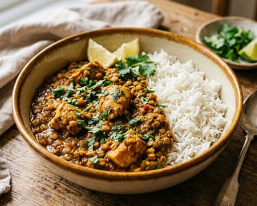 Indisches Chicken Dhansak | Würzige Geflügel-Linsen-Pfanne