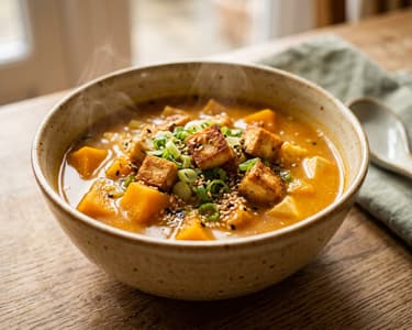 Pumpkin Miso Soup with Crispy Tofu | Autumnal & Warming