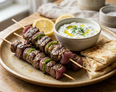 Greek Lamb Souvlaki Skewers | With Tzatziki & Pita Bread